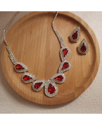 Wedding Jewelry Set Water Drop Bridal Stud Earrings Necklace Set Crystal Choker Necklace Rhinestone Bride Accessories (Red) $...