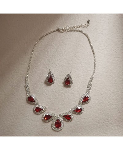 Wedding Jewelry Set Water Drop Bridal Stud Earrings Necklace Set Crystal Choker Necklace Rhinestone Bride Accessories (Red) $...