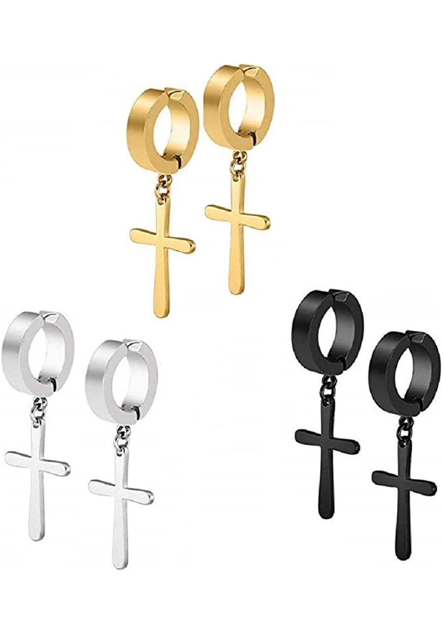 3 Pairs Stainless Steel Ear Clip Non-Piercing Clip on Earrings Set with Cross Dangling for Men Women Boy Girls $12.10 Clip-Ons