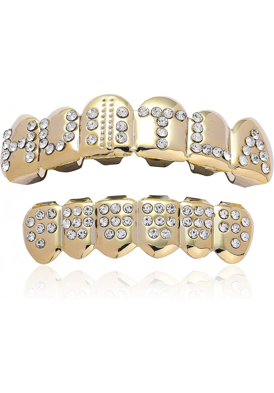 Gold Grills for Your Teeth 14K Plated Teeth Grillz for Men Women Iced Out Hip Hop Poker Diamond Top & Bottom Face Grills for ...