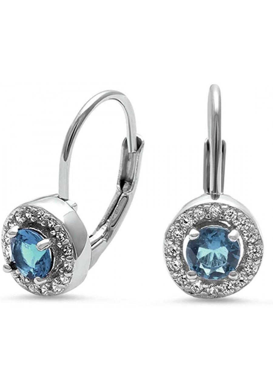 Solitaire Halo Drop Dangle Lever Back Stud Earrings Simulated Aquamarine Round CZ 925 Sterling Silver $14.68 Stud