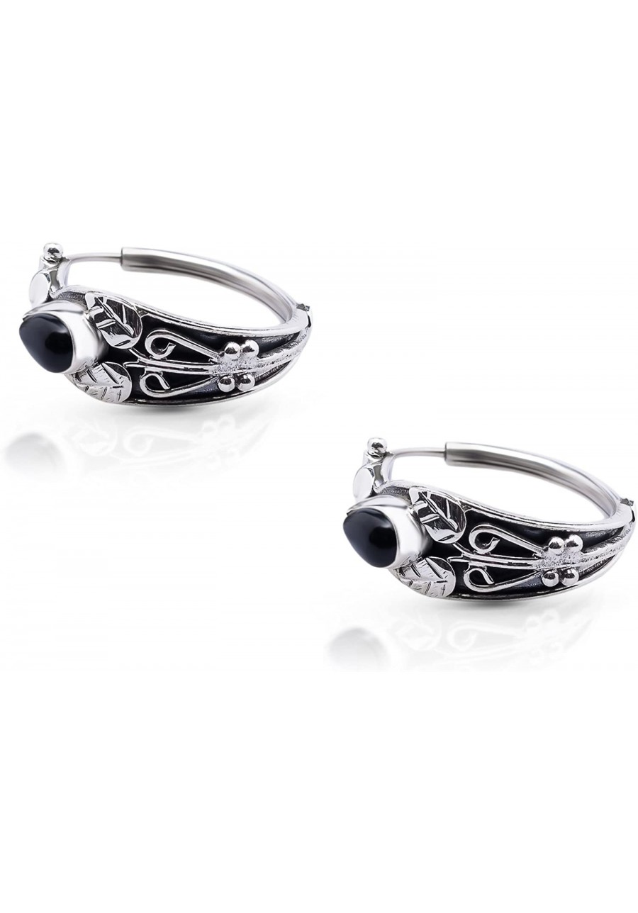 Black Onyx Vintage Hoop Earrings Sterling Silver 925 Gipsy Boho Chic $45.38 Hoop