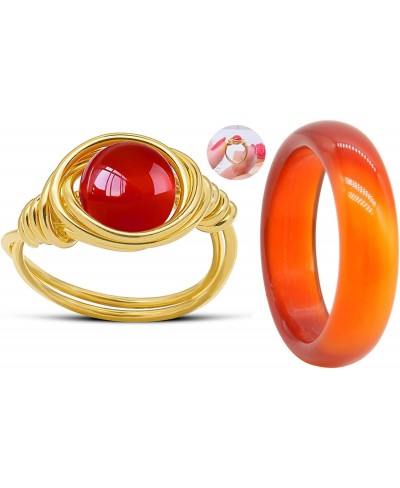 Natural Carnelian Crystal Rings 2PCS Carnelian Rings Gemstone Band Healing Ring for Women Carnelian Smooth Round Donut Ring $...