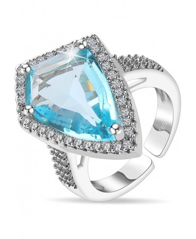 Fashion Retro Women's Irregular Trapezoid Cut Aquamarine Cubic Zircon Sky Blue Opening Ring For Women Girlfriend Vintage Wedd...