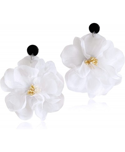 Unique Bohemian Lightweight Big Fabric White Flowers Dangle Earrings Handmade Charm Chic Petal Earrings Chiffon Floral Tassel...