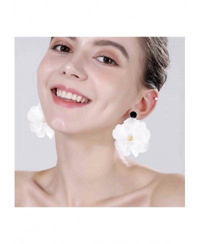 Unique Bohemian Lightweight Big Fabric White Flowers Dangle Earrings Handmade Charm Chic Petal Earrings Chiffon Floral Tassel...