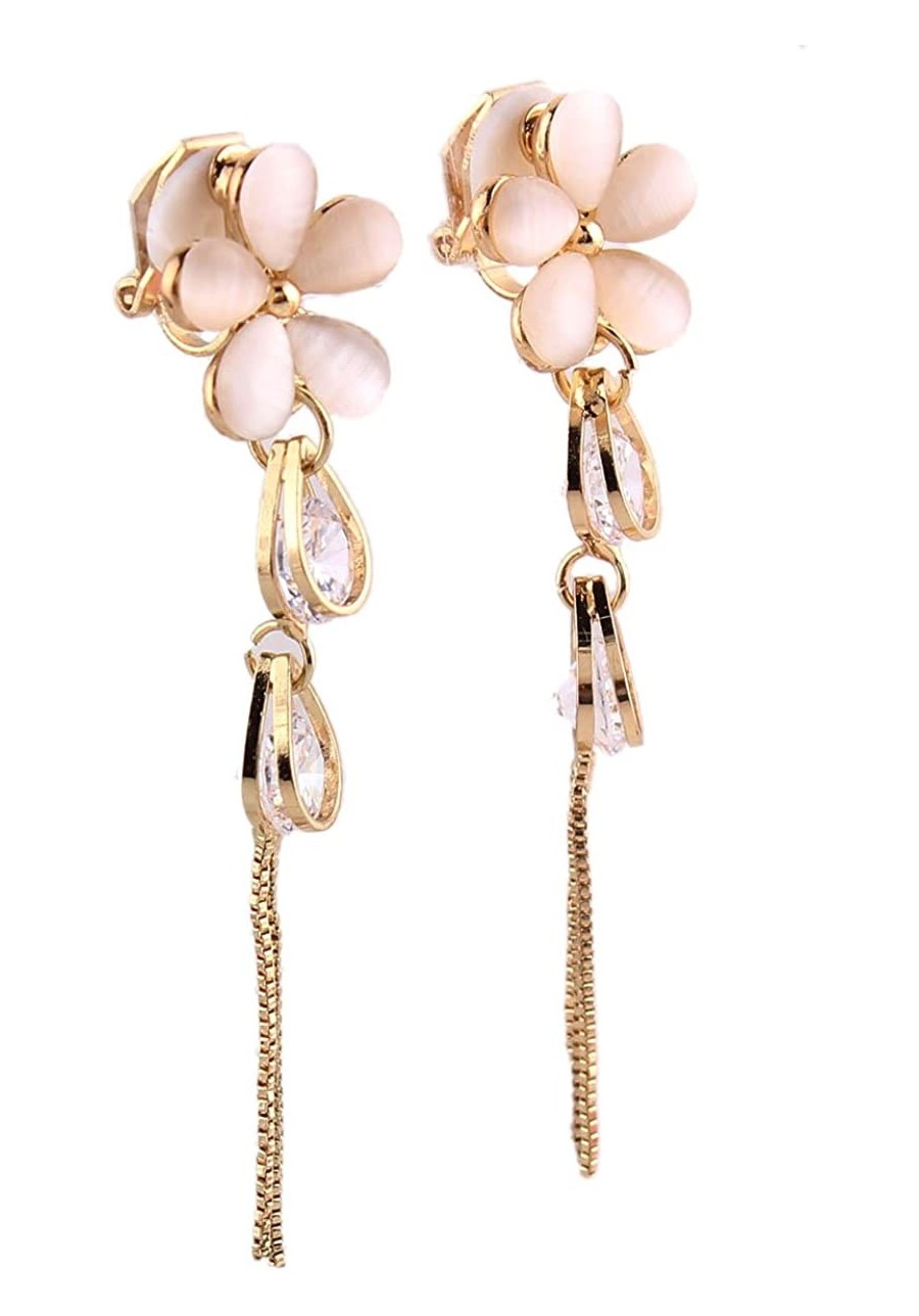 Bridal Flower Shape Opal CZ Tassel Drop Earrings and Clip on Earrings for Women Ear Clip $17.26 Clip-Ons