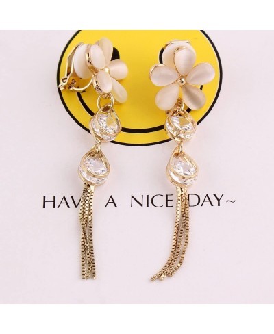 Bridal Flower Shape Opal CZ Tassel Drop Earrings and Clip on Earrings for Women Ear Clip $17.26 Clip-Ons