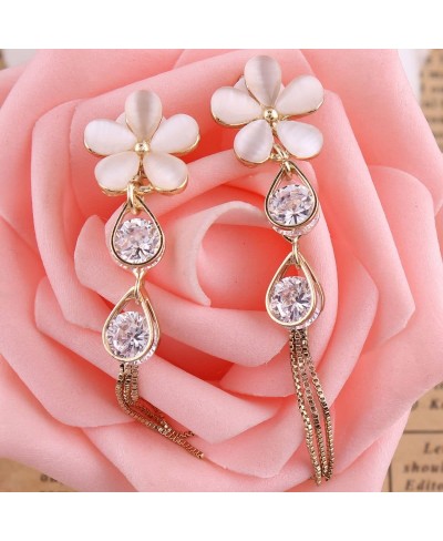 Bridal Flower Shape Opal CZ Tassel Drop Earrings and Clip on Earrings for Women Ear Clip $17.26 Clip-Ons