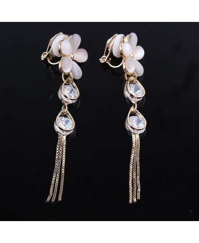 Bridal Flower Shape Opal CZ Tassel Drop Earrings and Clip on Earrings for Women Ear Clip $17.26 Clip-Ons