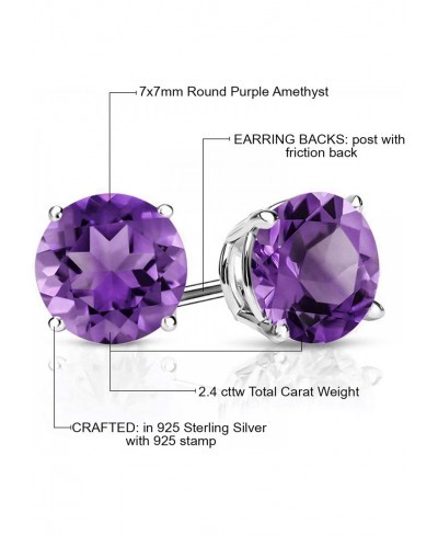 925 Sterling Silver Purple Amethyst Stud Earrings For Women (2.40 Cttw Gemstone Birthstone Round 7MM) $48.92 Stud