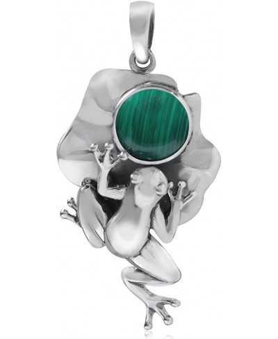 Created Malachite 925 Sterling Silver Lotus Leaf and Frog Pendant $20.83 Pendants & Coins