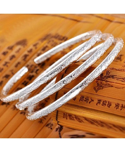 Fashion Bangle Bracelet for Women Girls Fashion Silver Plated Flower Engraved Open Bangle Bracelet Gift - Silver $6.19 Strand