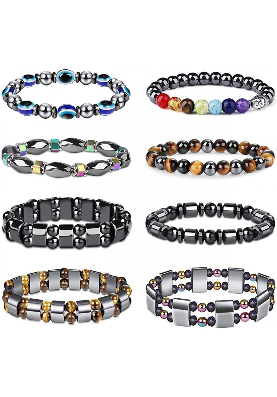 8 Pieces Hematite Magnetic Therapy Bracelet with Jewelry Bag Strong Elastic Natural Stones Stress Relieving Magnet Bracelet A...