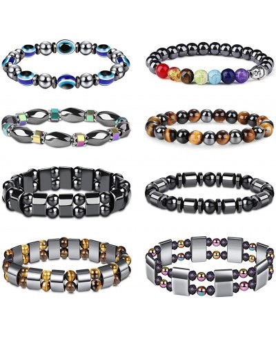 8 Pieces Hematite Magnetic Therapy Bracelet with Jewelry Bag Strong Elastic Natural Stones Stress Relieving Magnet Bracelet A...