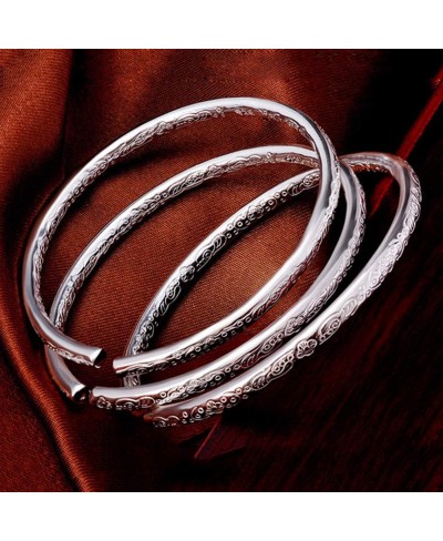 Fashion Bangle Bracelet for Women Girls Fashion Silver Plated Flower Engraved Open Bangle Bracelet Gift - Silver $6.19 Strand