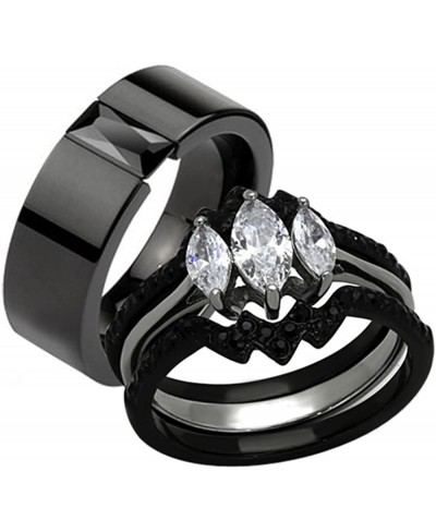 HIS HERS 4 PC BLACK ION PLATED STAINLESS STEEL WEDDING ENGAGEMENT RING Band SET $35.64 Bridal Sets