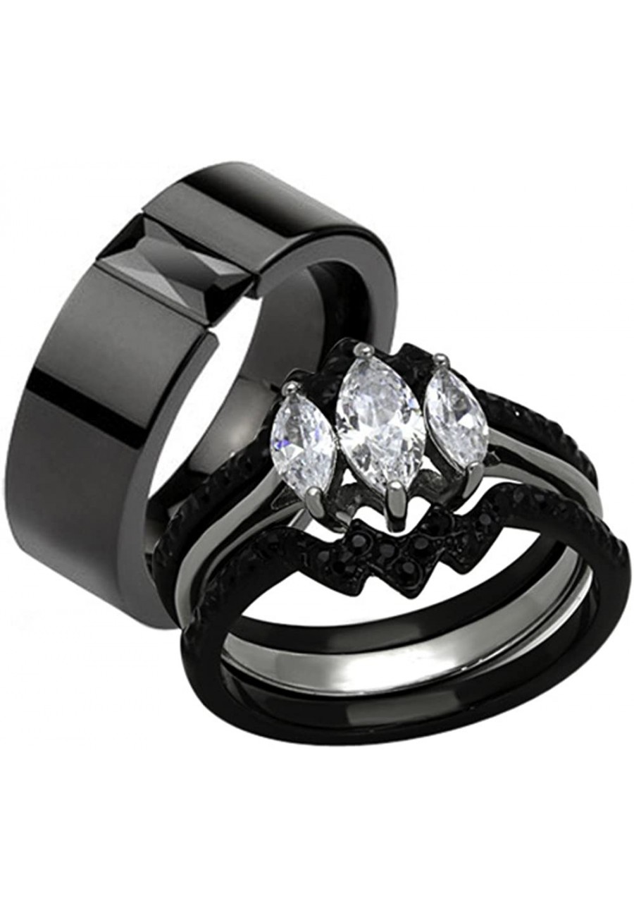 HIS HERS 4 PC BLACK ION PLATED STAINLESS STEEL WEDDING ENGAGEMENT RING Band SET $35.64 Bridal Sets