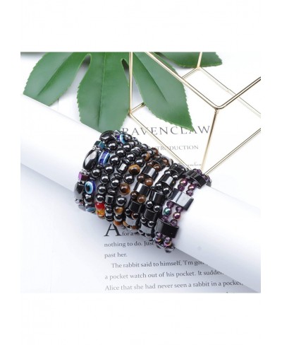 8 Pieces Hematite Magnetic Therapy Bracelet with Jewelry Bag Strong Elastic Natural Stones Stress Relieving Magnet Bracelet A...