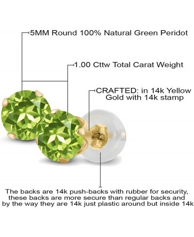 14K Yellow Gold Peridot Stud Earrings For Women (1.00 Cttw Gemstone Birthstone Round 5MM) $32.87 Stud