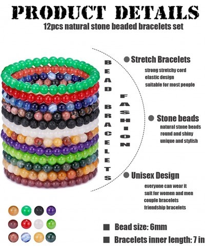 12Pcs Healing Stone Beaded Bracelets for Women Men Semi Precious Gemstones Bracelets Crystal Beaded Bracelet Unisex Stretch B...