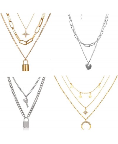 4PCS Gold Silver Layered Chain Necklace Set for Women Girls Boho Pendant with Lock Coin Chunky Link Chain Jewelry $11.62 Chokers