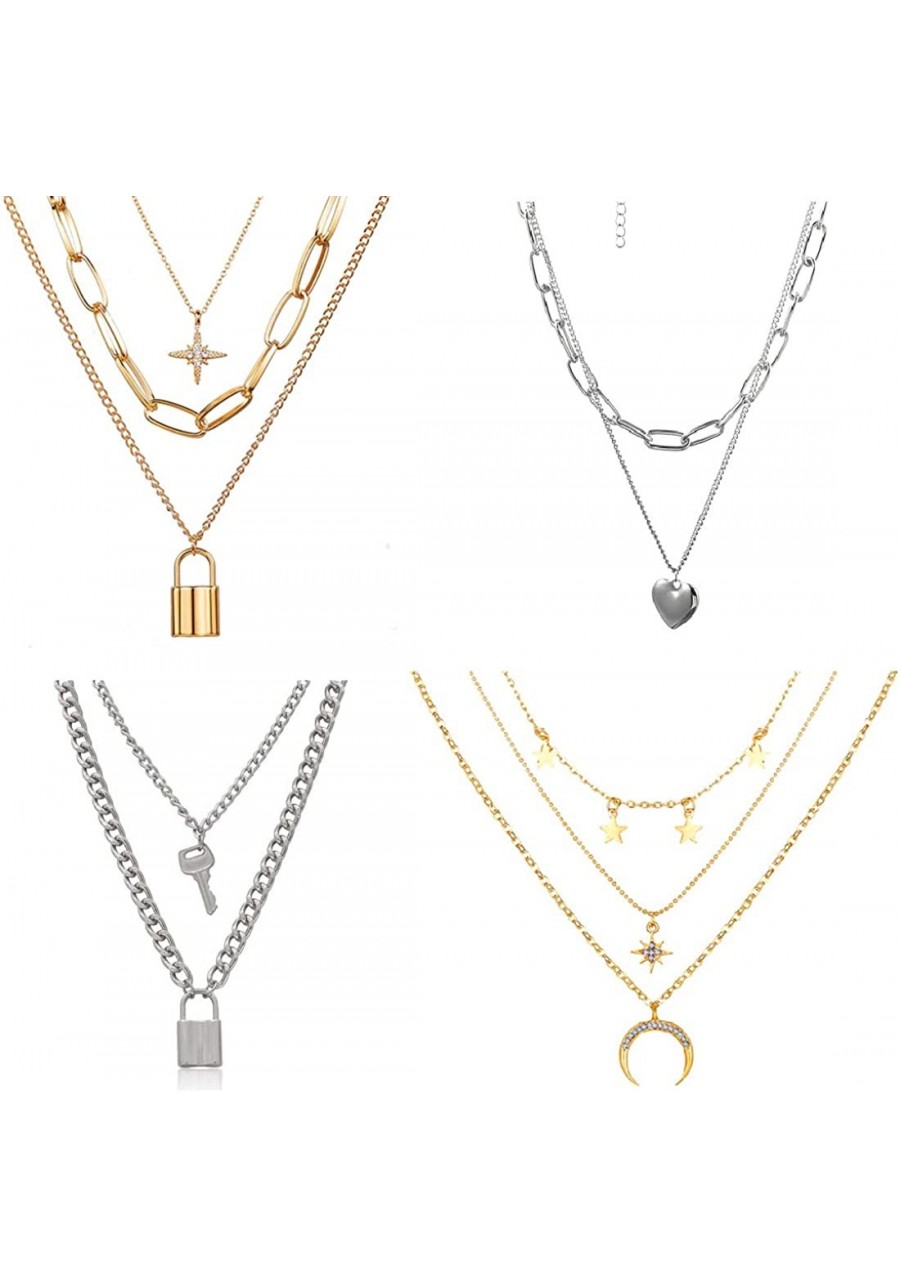 4PCS Gold Silver Layered Chain Necklace Set for Women Girls Boho Pendant with Lock Coin Chunky Link Chain Jewelry $11.62 Chokers