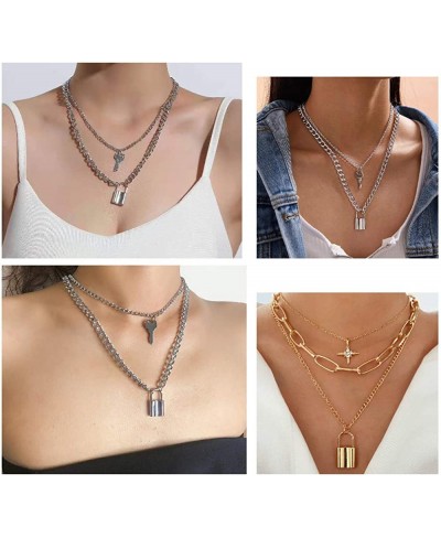 4PCS Gold Silver Layered Chain Necklace Set for Women Girls Boho Pendant with Lock Coin Chunky Link Chain Jewelry $11.62 Chokers