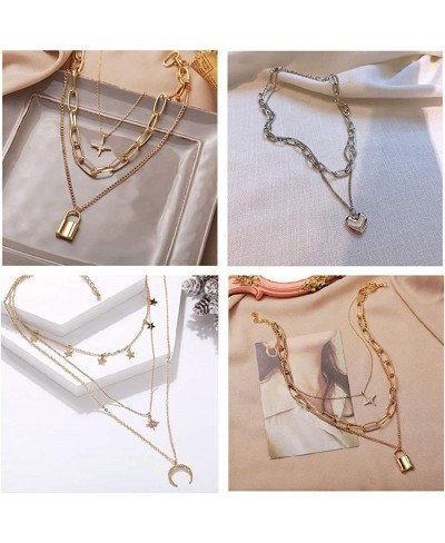 4PCS Gold Silver Layered Chain Necklace Set for Women Girls Boho Pendant with Lock Coin Chunky Link Chain Jewelry $11.62 Chokers