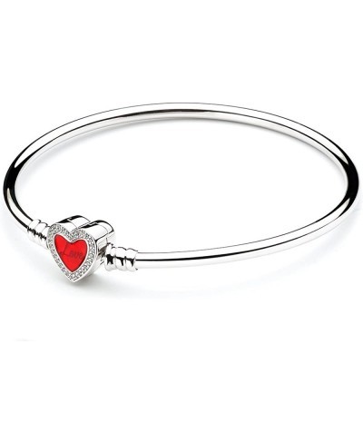 Authentic 925 Sterling Silver Basic Charm Bracelet Bangle with CZ Heart-Shaped Enamel Snap Clasp $37.10 Charms & Charm Bracelets