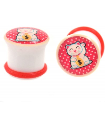 Pair of Maneki-Neko Lucky Cat Single Flared Acrylic Plugs Gauges w/Red O-Rings - 2G 6MM $13.84 Piercing Jewelry