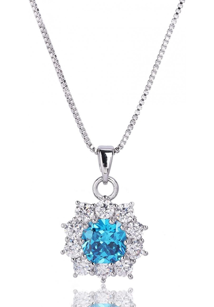 Deep Sea Floral Halo Necklace CZ Diamond Necklace for Women Silver Chain Blue Snowflake Pendant Dainty Jewelry Anniversary Bi...