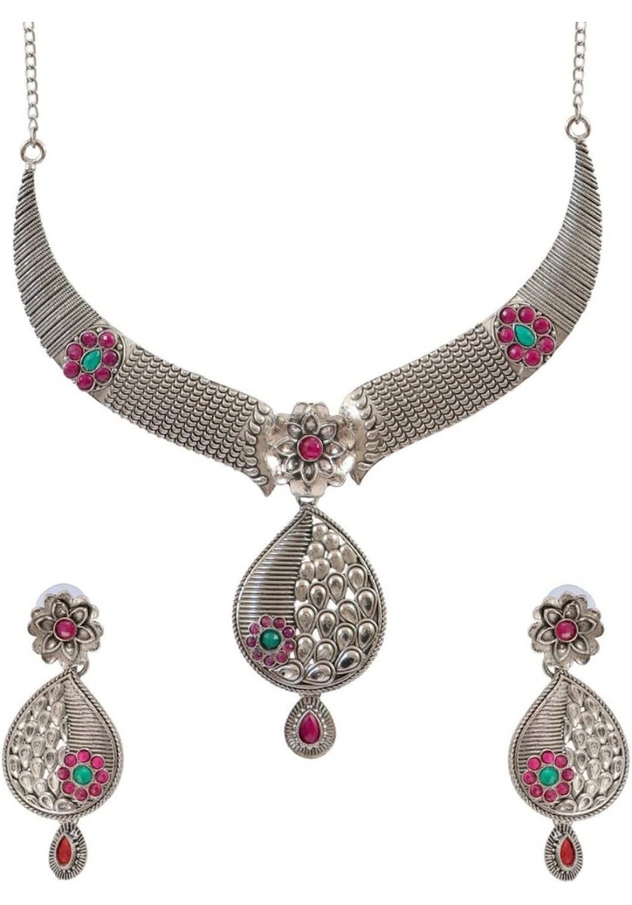 Bollywood Traditional Indian Wedding Gold-Plated Floral Antiquue Design Red & Green Stone Work Necklace Set with Eariings for...