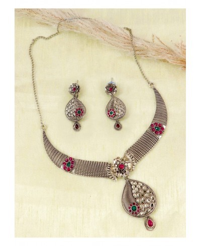 Bollywood Traditional Indian Wedding Gold-Plated Floral Antiquue Design Red & Green Stone Work Necklace Set with Eariings for...