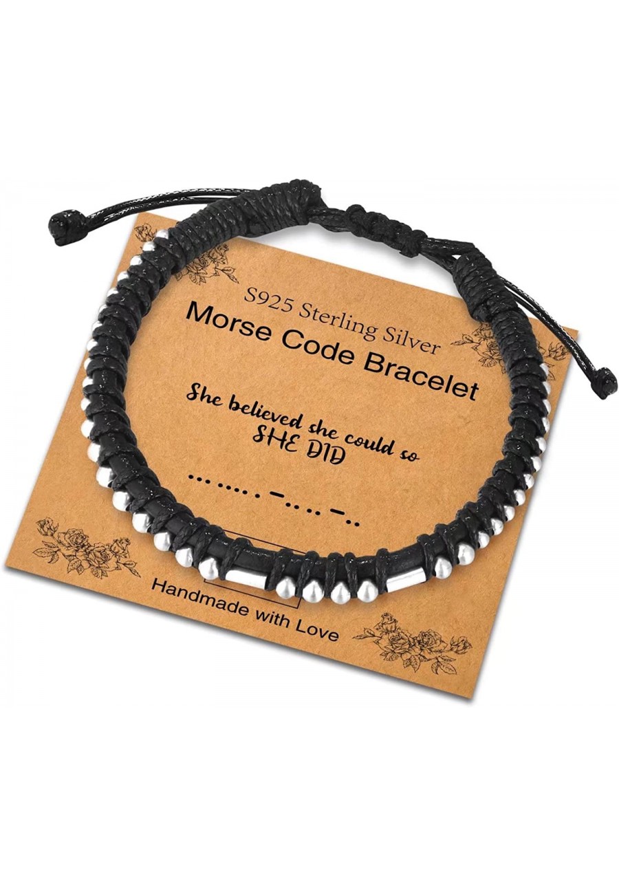 Sterling Silver Inspirational Morse Code Bracelets for Women Men Adjustable Leather Bracelets for Men Women Fun Morse Code Br...