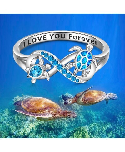 Sea Turtle Ring Blue Opal 925 Turtle Rings for Women Sterling Silver Infinity I Love You Forever Cute Ocean Animal Tortoise R...