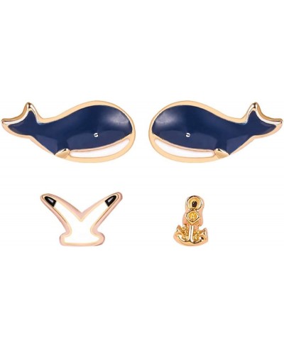 4pcs/Set Cartoon Blue Whale Nautical Anchor Seagull Design Rhinestone Studs Earring Sets Jewelry $11.66 Jewelry Sets