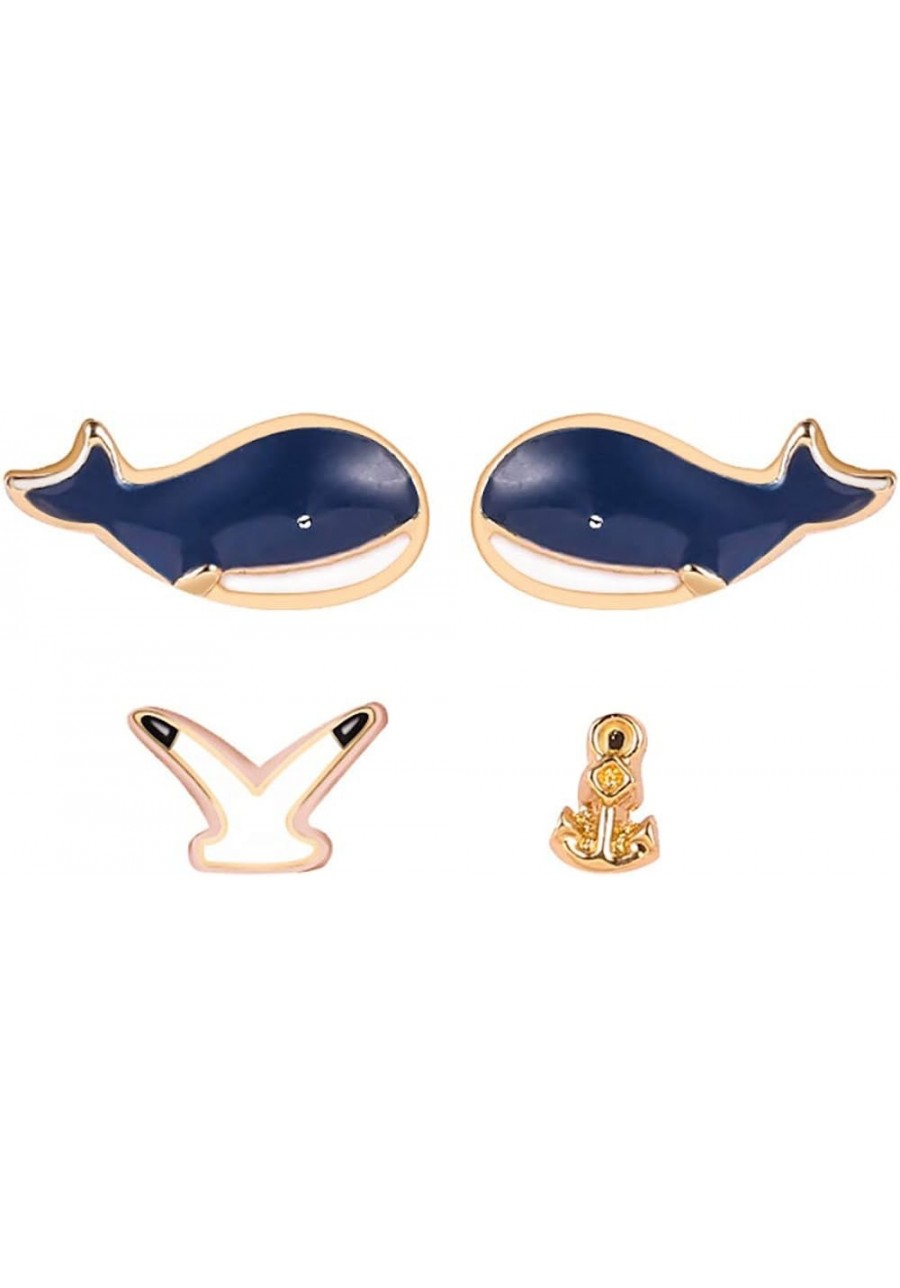 4pcs/Set Cartoon Blue Whale Nautical Anchor Seagull Design Rhinestone Studs Earring Sets Jewelry $11.66 Jewelry Sets