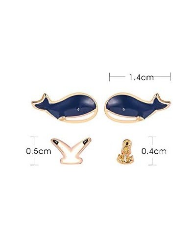 4pcs/Set Cartoon Blue Whale Nautical Anchor Seagull Design Rhinestone Studs Earring Sets Jewelry $11.66 Jewelry Sets