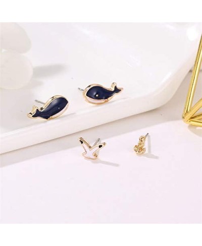 4pcs/Set Cartoon Blue Whale Nautical Anchor Seagull Design Rhinestone Studs Earring Sets Jewelry $11.66 Jewelry Sets