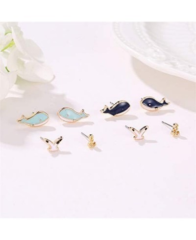 4pcs/Set Cartoon Blue Whale Nautical Anchor Seagull Design Rhinestone Studs Earring Sets Jewelry $11.66 Jewelry Sets