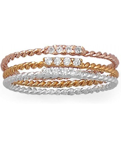 Set of 3 Stacking Rings with Cubic Zirconia Three Tone Rope Twist Band $43.12 Stacking