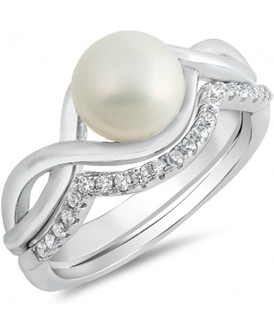 Sterling Silver Fresh Water Pearl & Cubic Zirconia Wedding Set Ring Sizes 5-10 $28.39 Wedding Bands