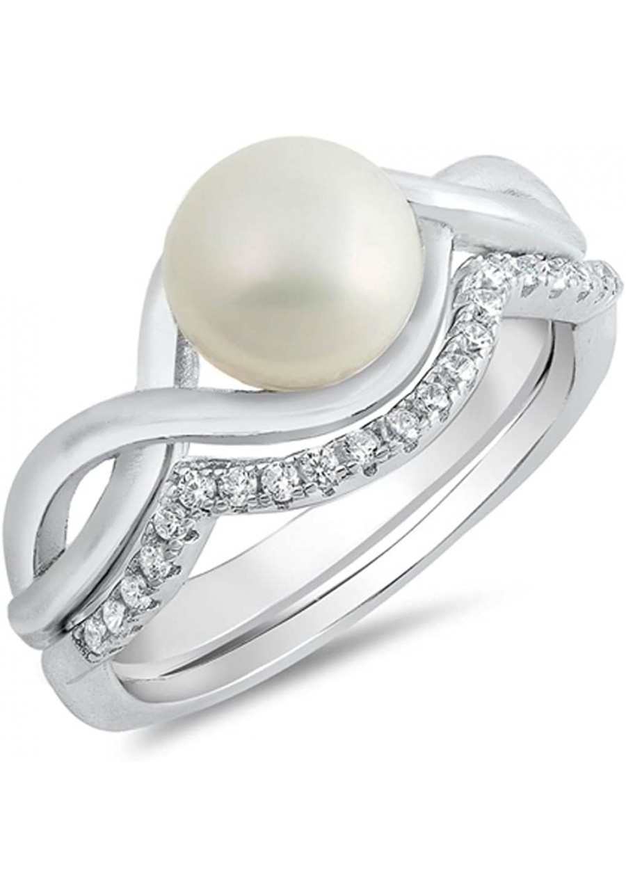 Sterling Silver Fresh Water Pearl & Cubic Zirconia Wedding Set Ring Sizes 5-10 $28.39 Wedding Bands