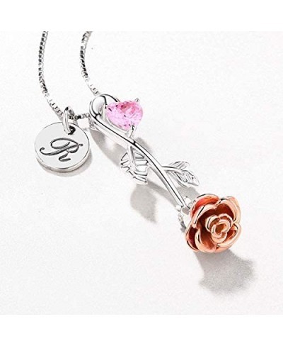 Personalized Rose Heart Birthstone Necklace with A Initial Round Tag 925 Sterling Silver for Her Women Valentine?¡¥ Day Gifts...