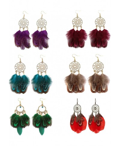 6 Pairs Women Feather Earrings Bohemian Fringe Tassel Long Drop Dangle Earrings Set with Dream Catcher Design Boho Earrings f...