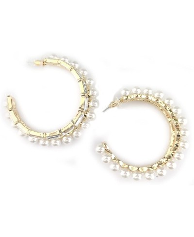 Gold Pearl Hoop Earrings for Women Open C Shape Drop Earring Chunky Two-tier Design Dangle 925 Silver Post Hypoallergenic Ear...