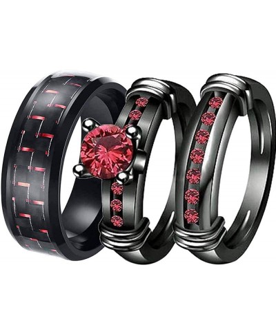 2 Rings His and Hers Couple Rings Black Gold Filled Red Cz Womens Wedding Ring Sets Man Stainless Steel Wedding Band Mens Rin...