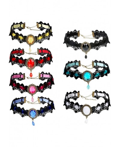 7 PCs Gothic Choker Necklaces for Women Retro Handmade Black Lace Chocker Velvet Clavicle Necklace with Rhinestone Vintage Va...