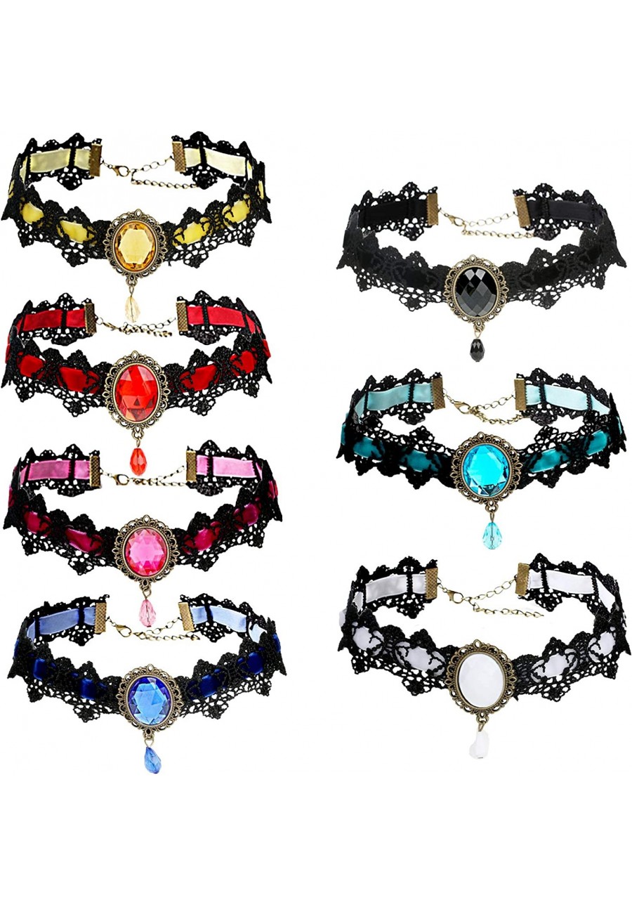 7 PCs Gothic Choker Necklaces for Women Retro Handmade Black Lace Chocker Velvet Clavicle Necklace with Rhinestone Vintage Va...